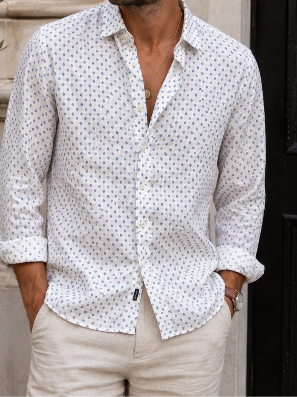 MICHAEL KORS 100% linen button down long sleeve shirt slim fit size Medium